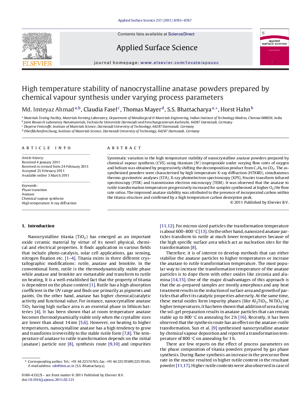 High temperature stability of nanocrystalline anatase powders prepared by chemical vapour synthesis under varying process parameters