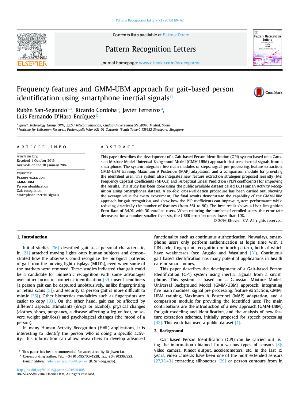 Frequency features and GMM-UBM approach for gait-based person identification using smartphone inertial signals 