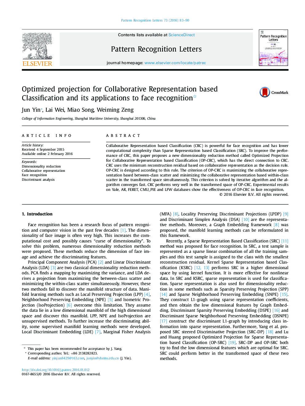 Optimized projection for Collaborative Representation based Classification and its applications to face recognition 