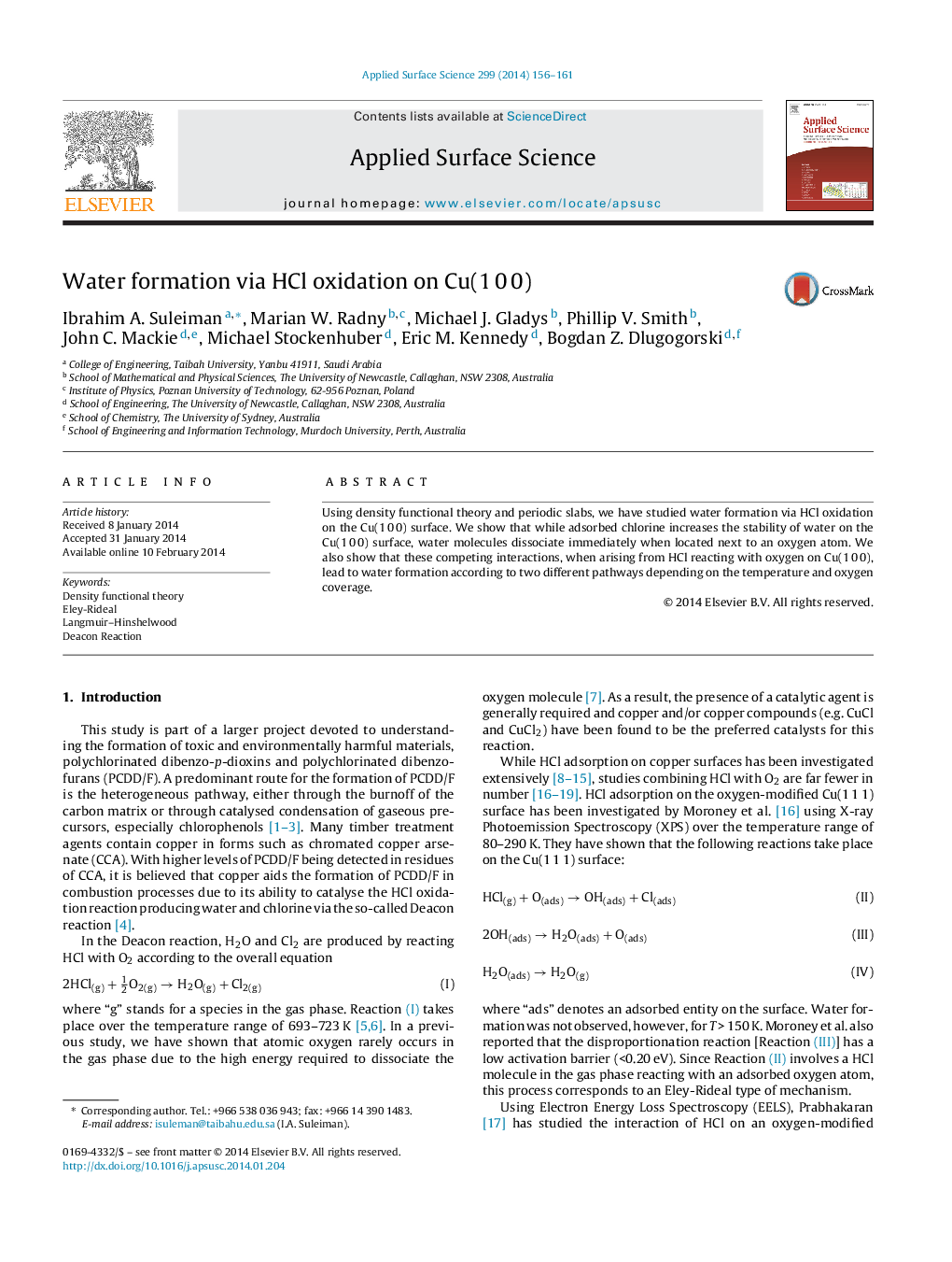 Water formation via HCl oxidation on Cu(1 0 0)