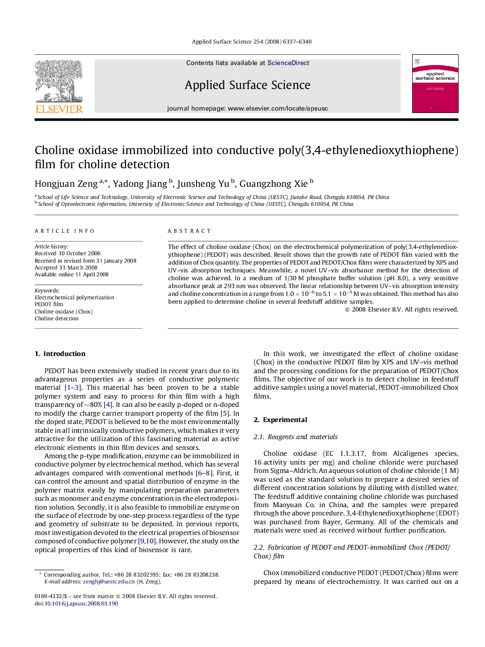 Choline oxidase immobilized into conductive poly(3,4-ethylenedioxythiophene) film for choline detection