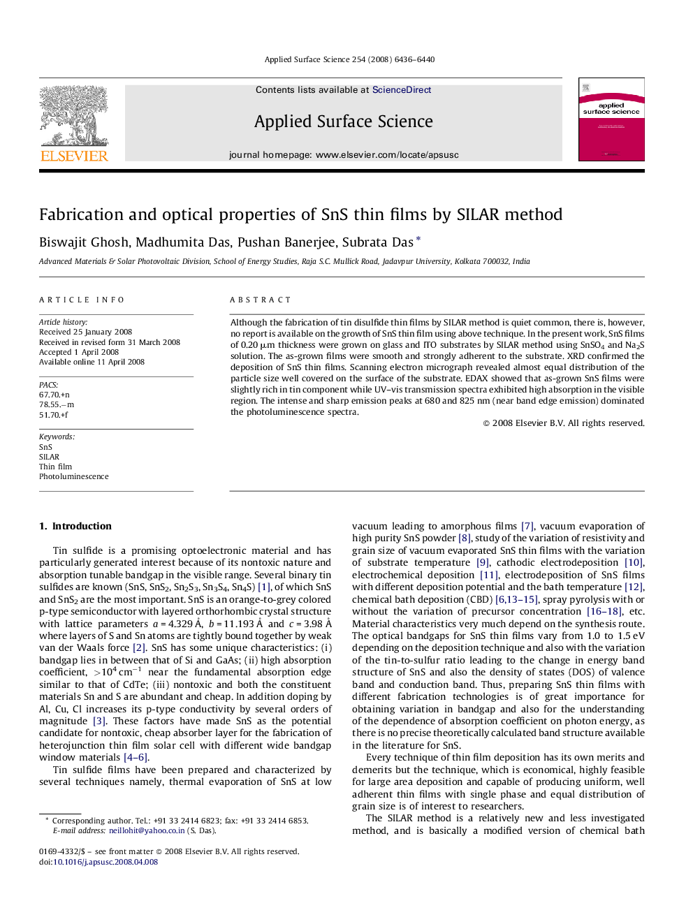 Fabrication and optical properties of SnS thin films by SILAR method