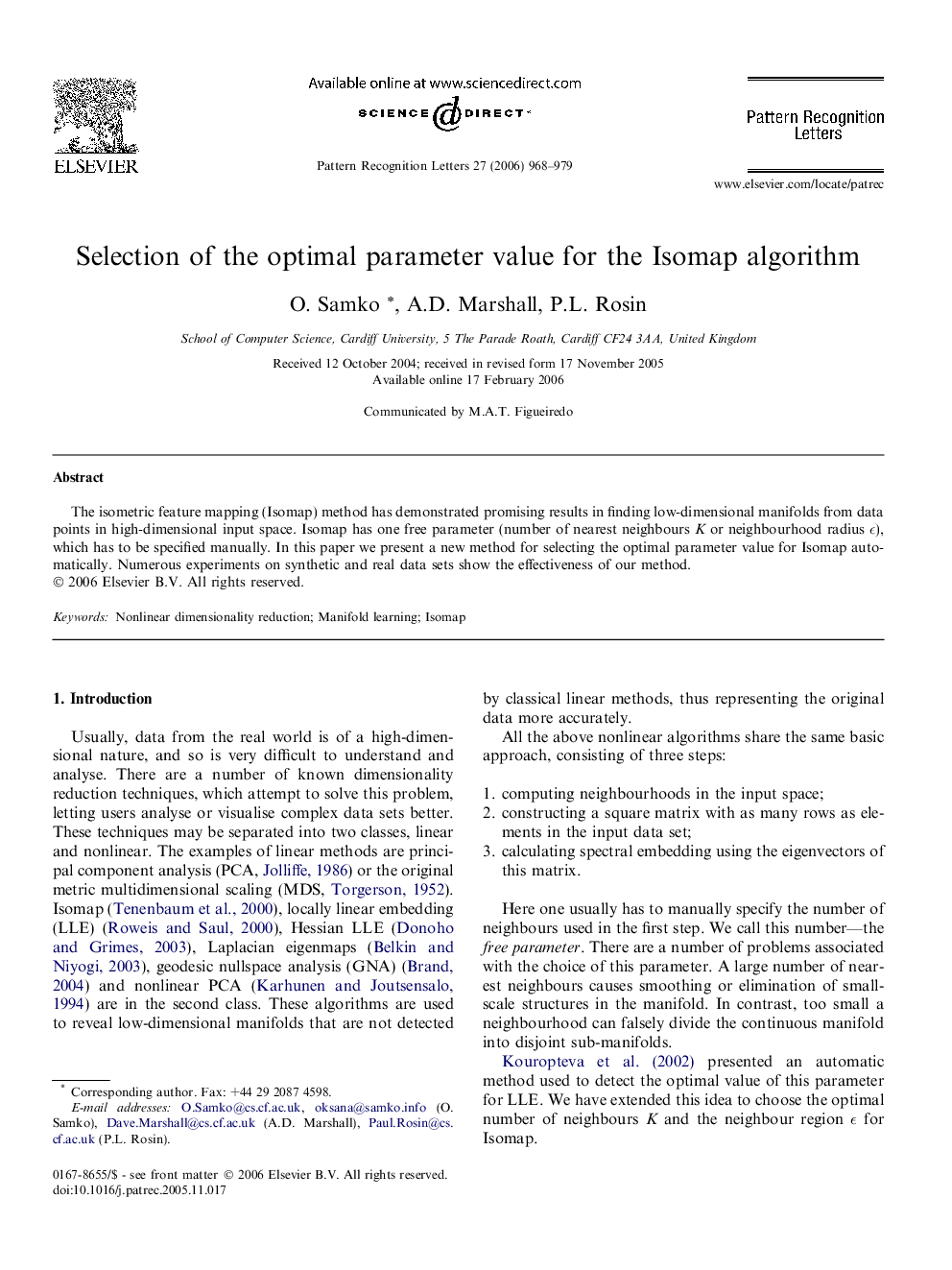 Selection of the optimal parameter value for the Isomap algorithm