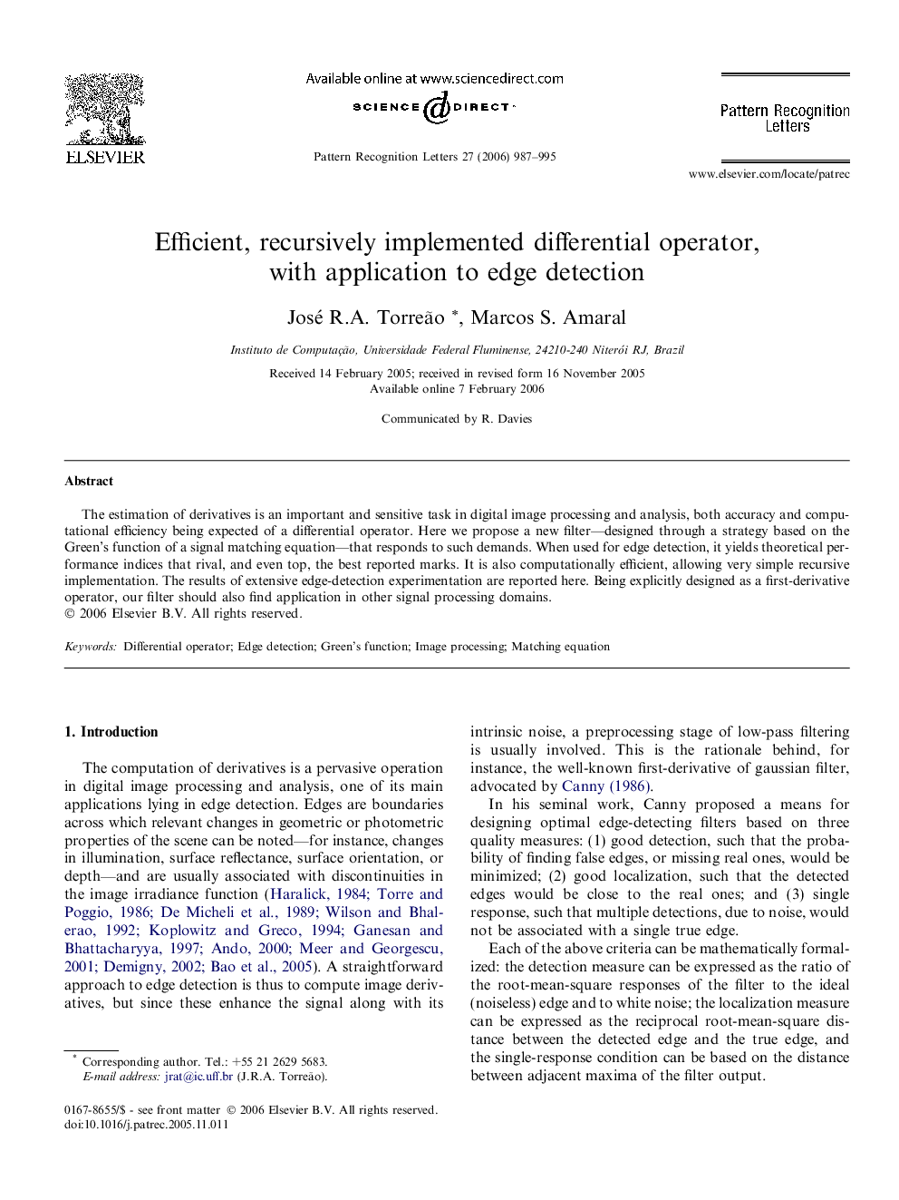 Efficient, recursively implemented differential operator, with application to edge detection