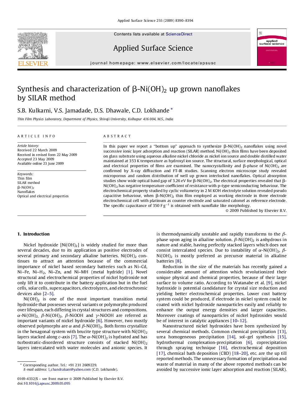 Synthesis and characterization of Î²-Ni(OH)2 up grown nanoflakes by SILAR method