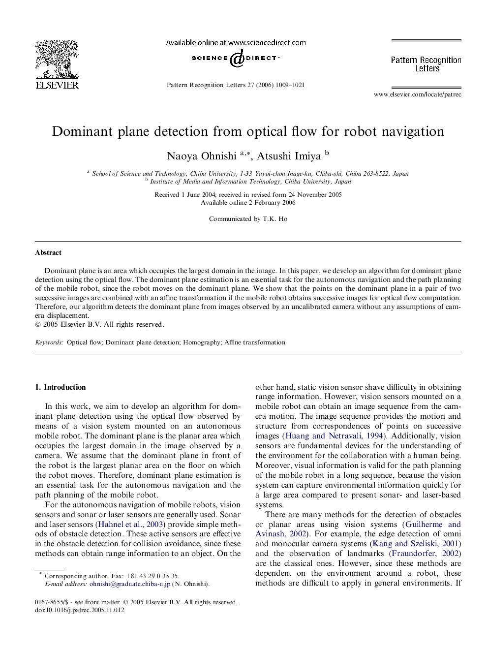 عکس صفحه اول مقاله: Dominant plane detection from optical flow for robot navigation Dominant plane detection from optical flow for robot navigation