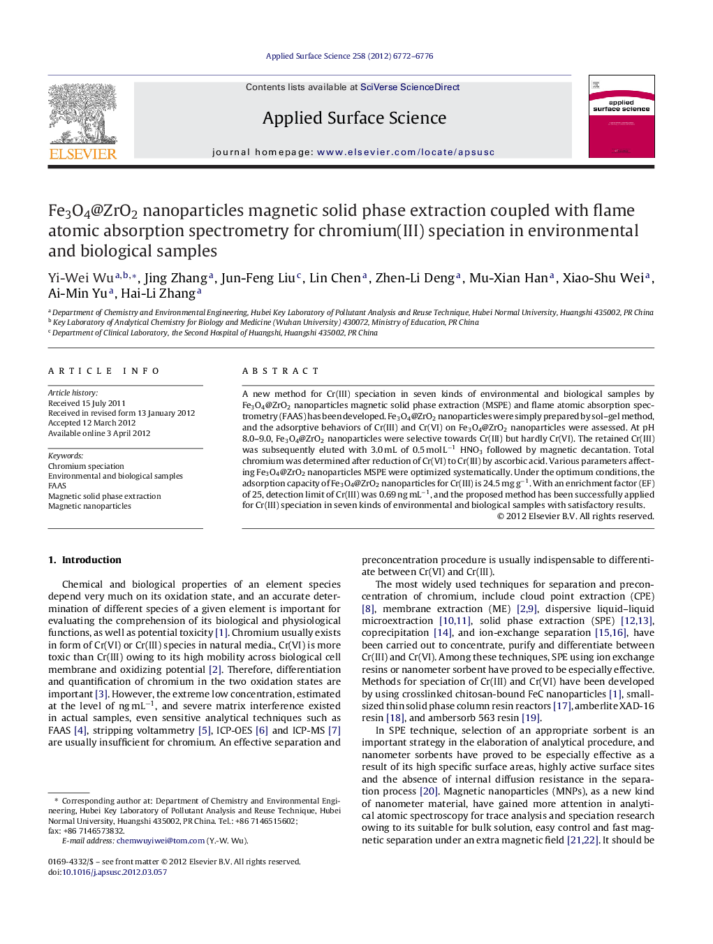 Fe3O4@ZrO2 nanoparticles magnetic solid phase extraction coupled with flame atomic absorption spectrometry for chromium(III) speciation in environmental and biological samples