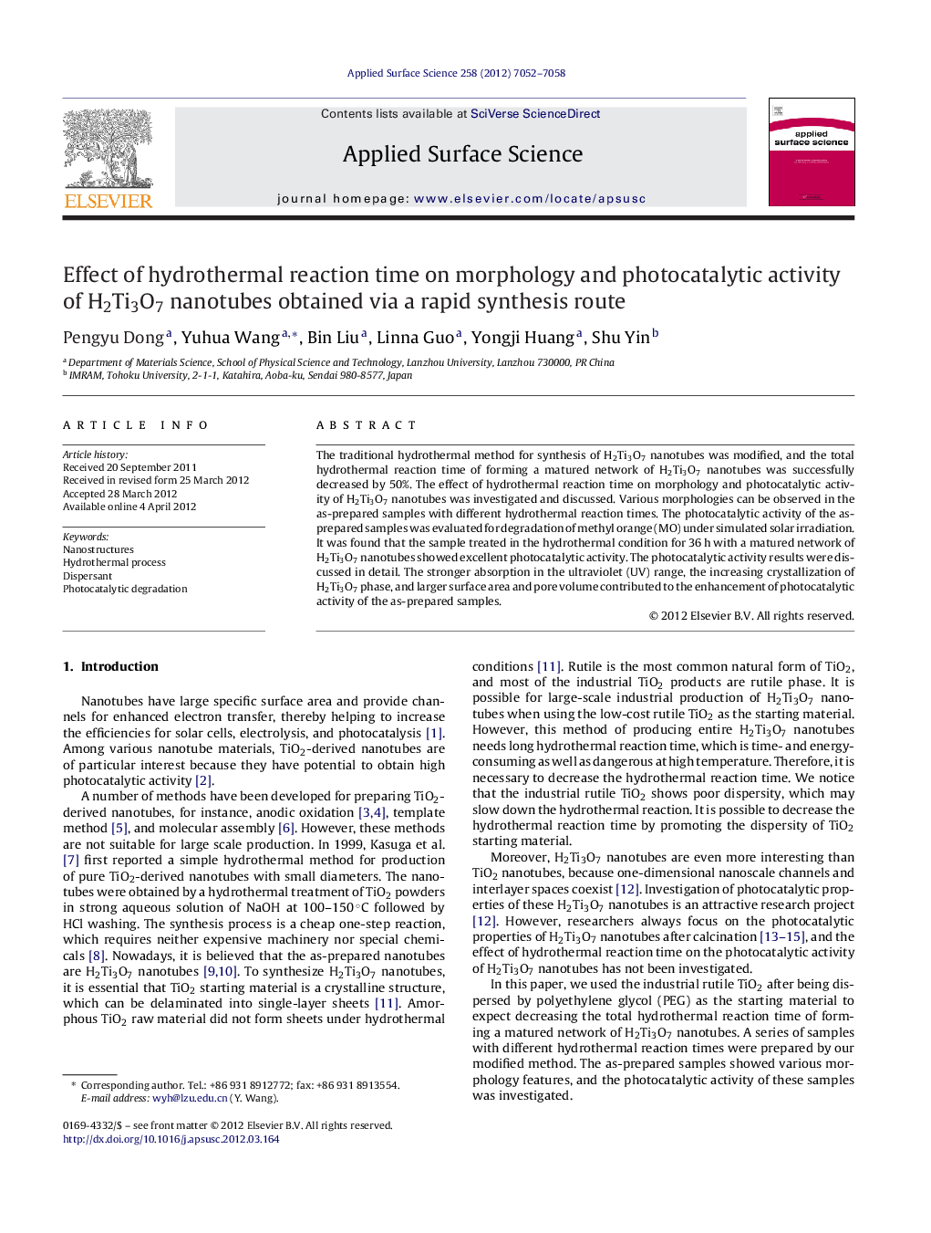 عکس صفحه اول مقاله: Effect of hydrothermal reaction time on morphology and photocatalytic activity of H2Ti3O7 nanotubes obtained via a rapid synthesis route Effect of hydrothermal reaction time on morphology and photocatalytic activity of H2Ti3O7 nanotubes obtained via a rapid synthesis route