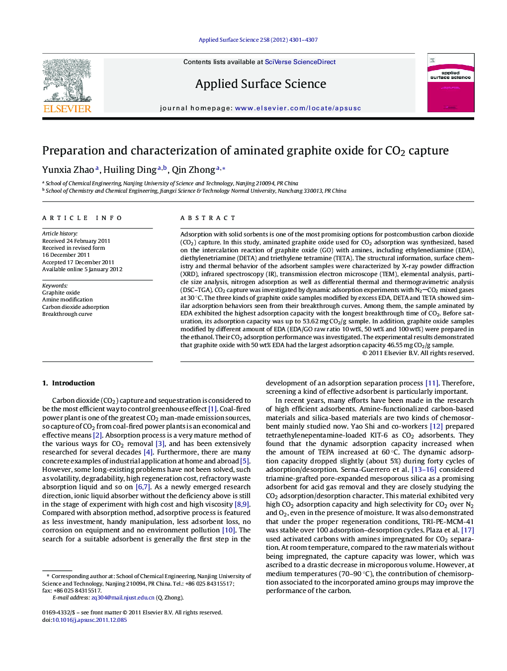 Preparation and characterization of aminated graphite oxide for CO2 capture