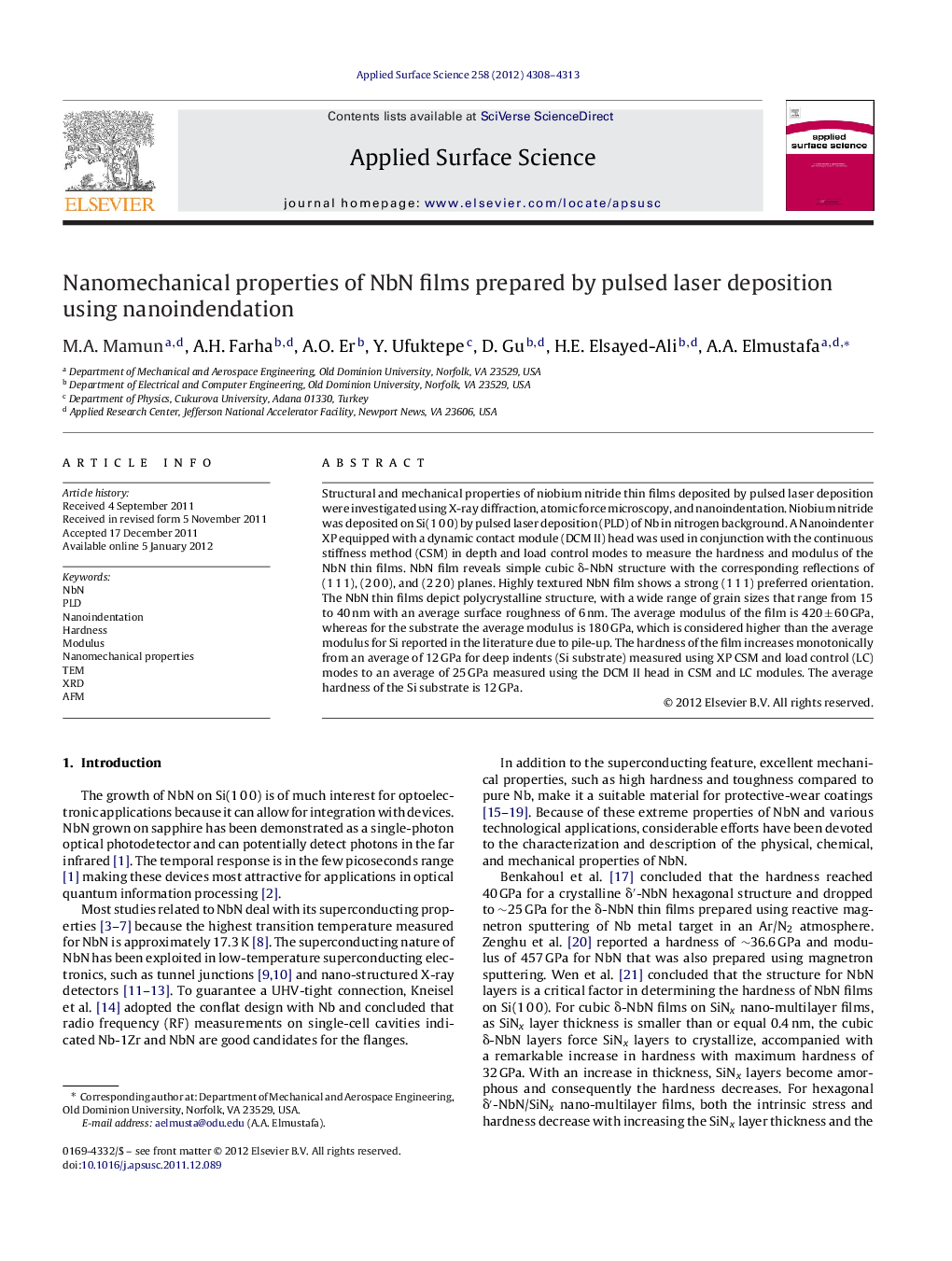 Nanomechanical properties of NbN films prepared by pulsed laser deposition using nanoindendation