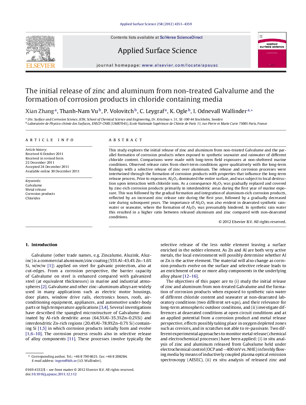 The initial release of zinc and aluminum from non-treated Galvalume and the formation of corrosion products in chloride containing media