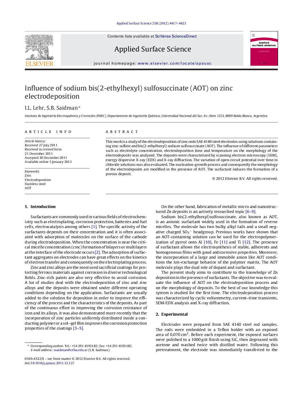عکس صفحه اول مقاله: Influence of sodium bis(2-ethylhexyl) sulfosuccinate (AOT) on zinc electrodeposition Influence of sodium bis(2-ethylhexyl) sulfosuccinate (AOT) on zinc electrodeposition