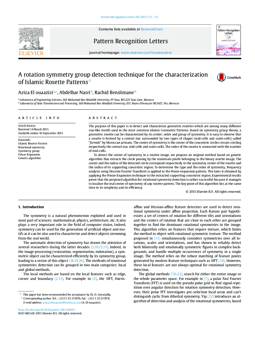 A rotation symmetry group detection technique for the characterization of Islamic Rosette Patterns 