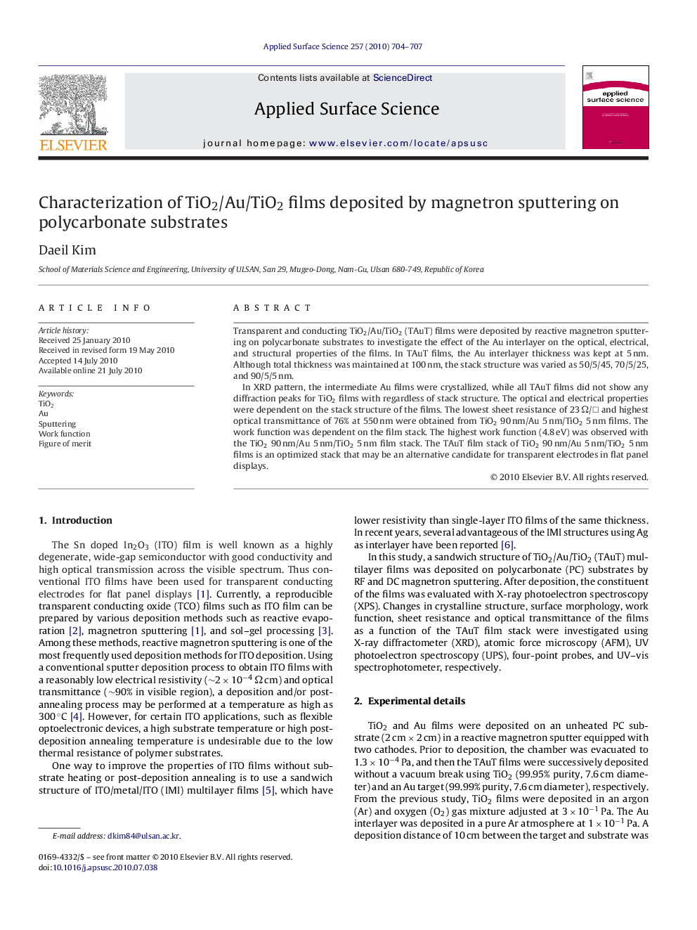 Characterization of TiO2/Au/TiO2 films deposited by magnetron sputtering on polycarbonate substrates