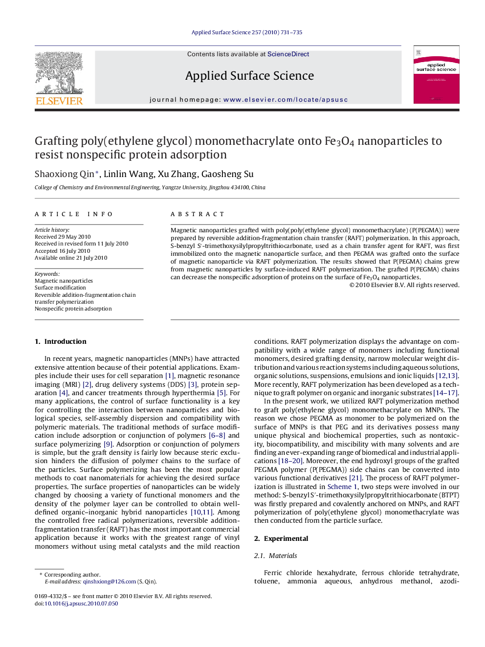 Grafting poly(ethylene glycol) monomethacrylate onto Fe3O4 nanoparticles to resist nonspecific protein adsorption