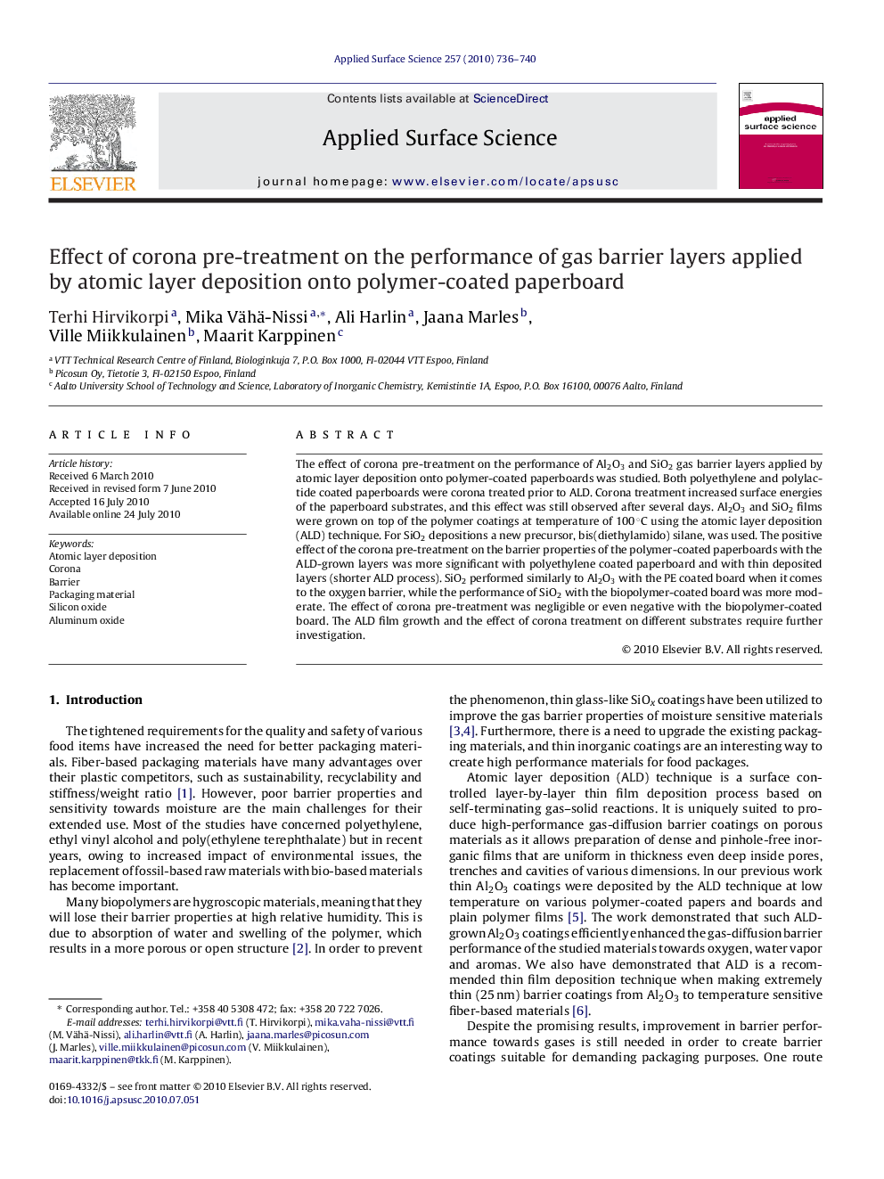 عکس صفحه اول مقاله: Effect of corona pre-treatment on the performance of gas barrier layers applied by atomic layer deposition onto polymer-coated paperboard Effect of corona pre-treatment on the performance of gas barrier layers applied by atomic layer deposition onto polymer-coated paperboard