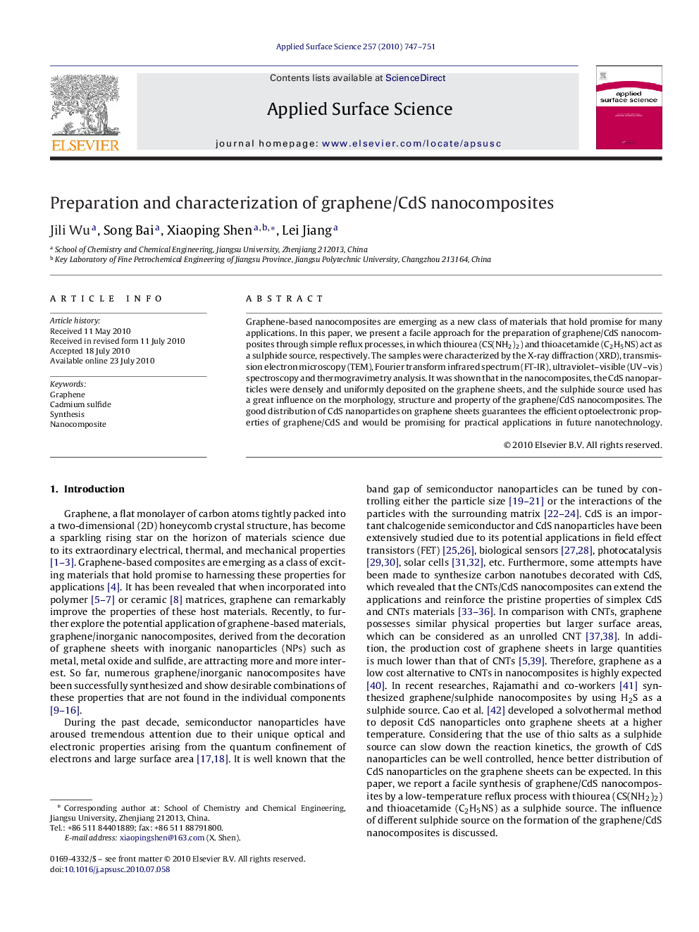 Preparation and characterization of graphene/CdS nanocomposites