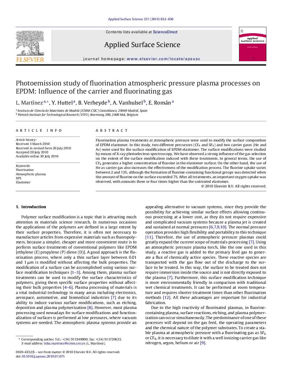 Photoemission study of fluorination atmospheric pressure plasma processes on EPDM: Influence of the carrier and fluorinating gas