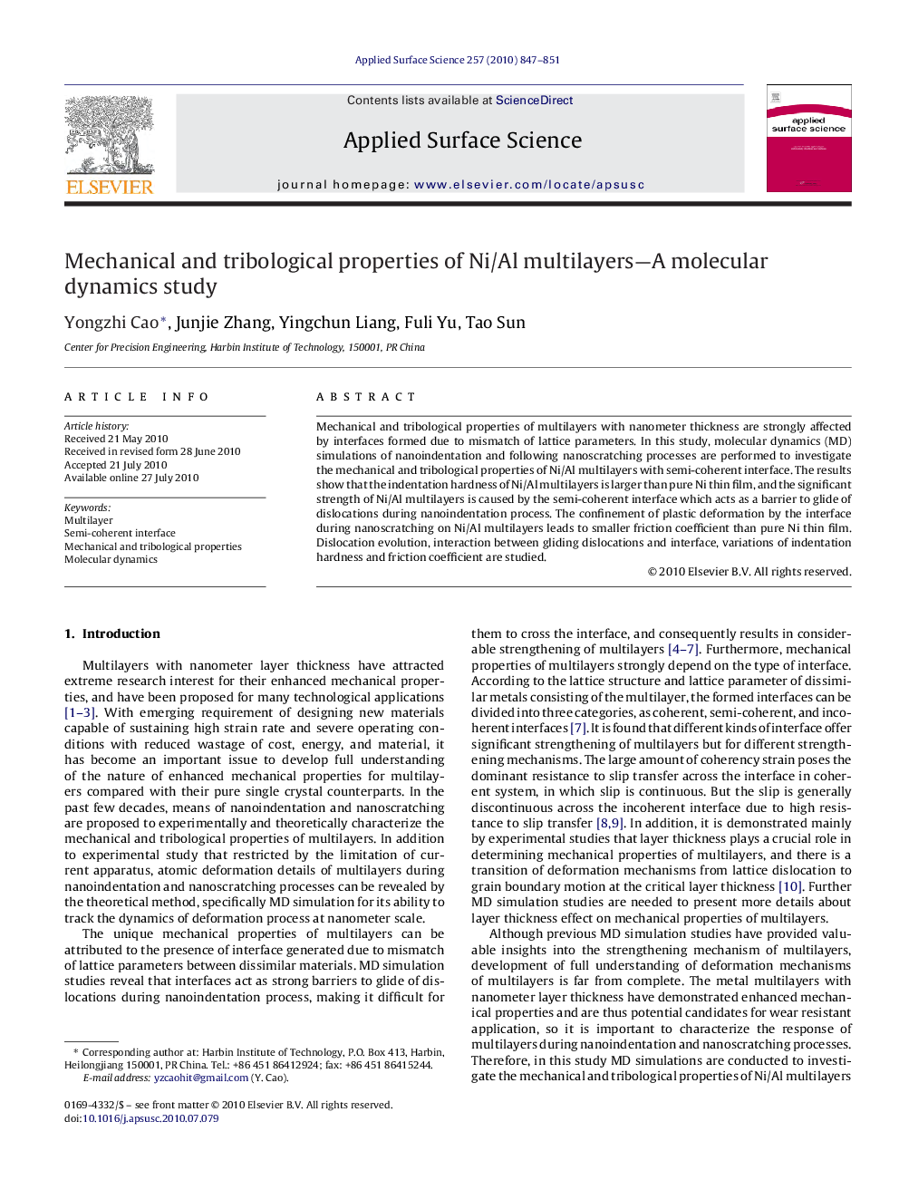 Mechanical and tribological properties of Ni/Al multilayers-A molecular dynamics study