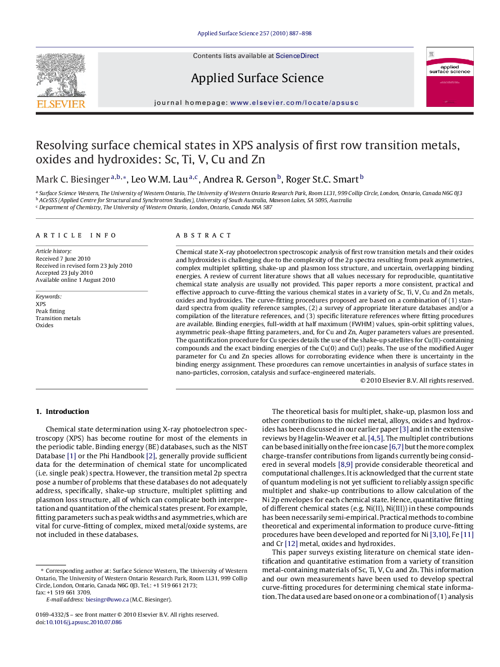 Resolving surface chemical states in XPS analysis of first row transition metals, oxides and hydroxides: Sc, Ti, V, Cu and Zn