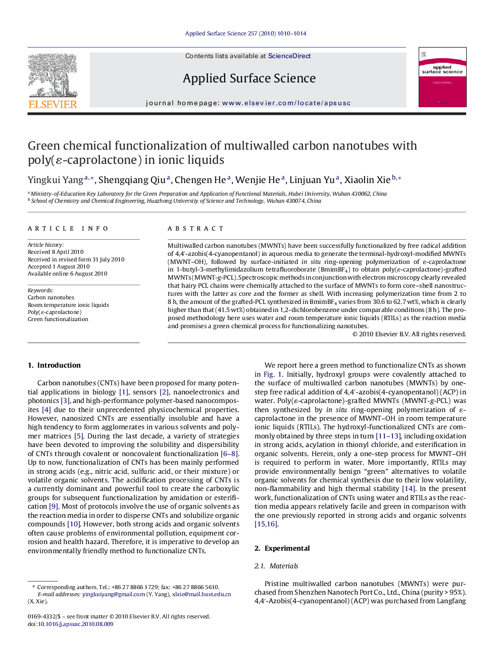 Green chemical functionalization of multiwalled carbon nanotubes with poly(É-caprolactone) in ionic liquids