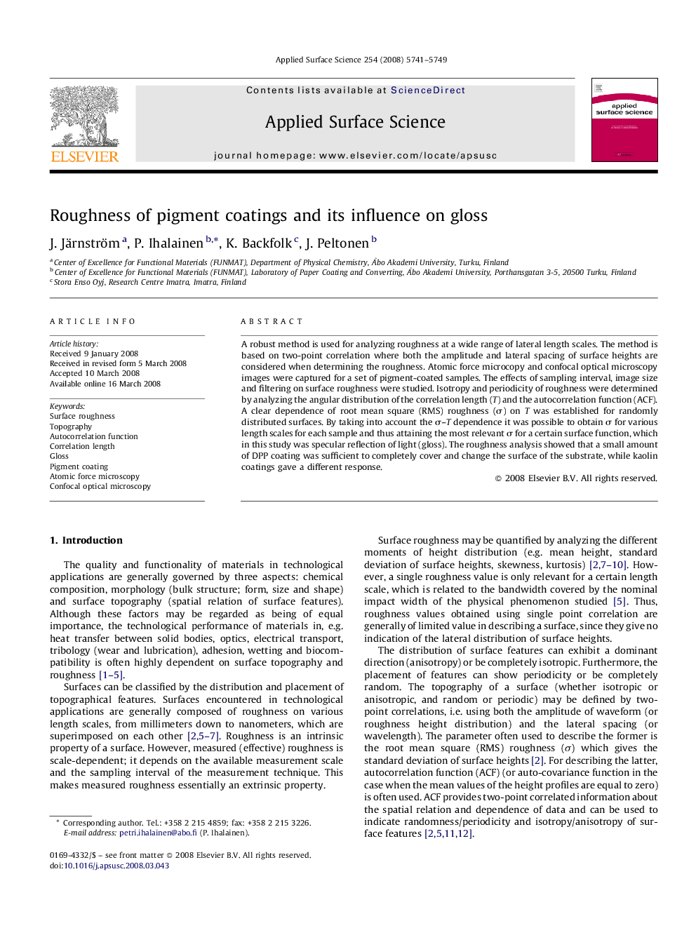 Roughness of pigment coatings and its influence on gloss