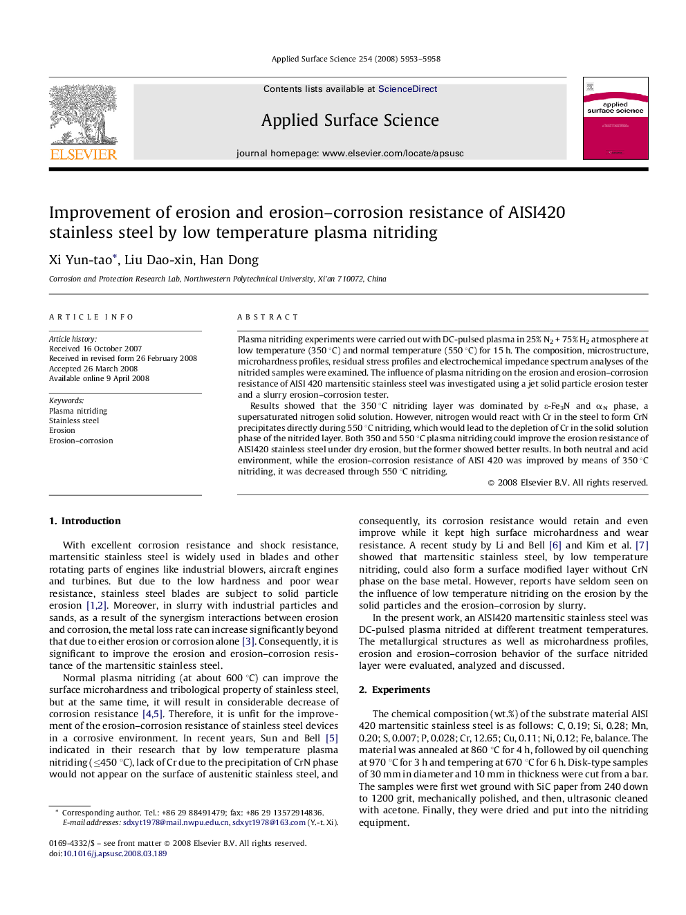 Improvement of erosion and erosion-corrosion resistance of AISI420 stainless steel by low temperature plasma nitriding