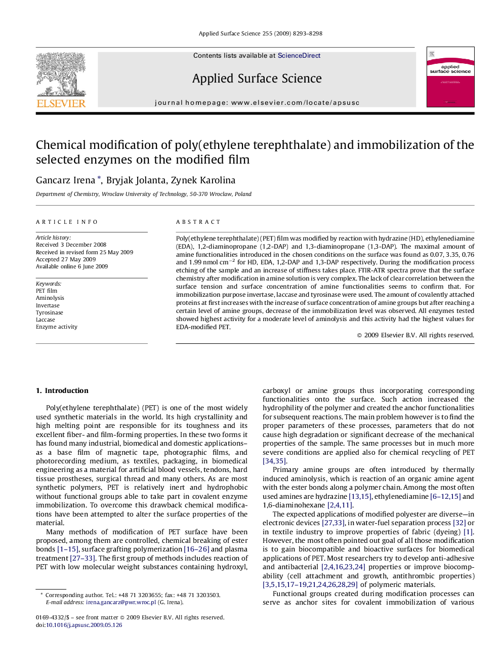 Chemical modification of poly(ethylene terephthalate) and immobilization of the selected enzymes on the modified film