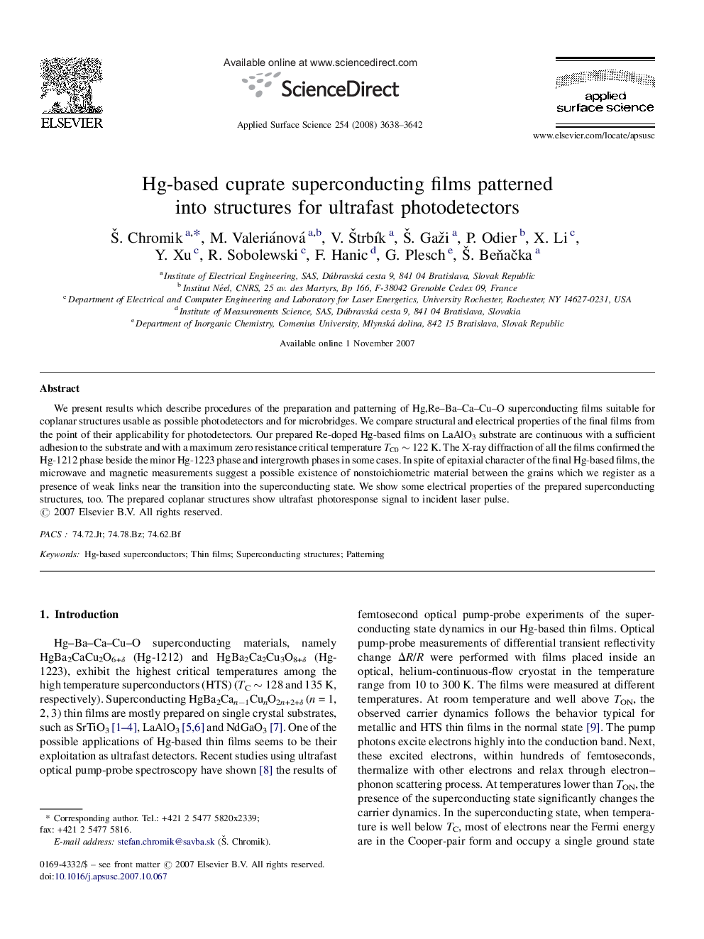 Hg-based cuprate superconducting films patterned into structures for ultrafast photodetectors