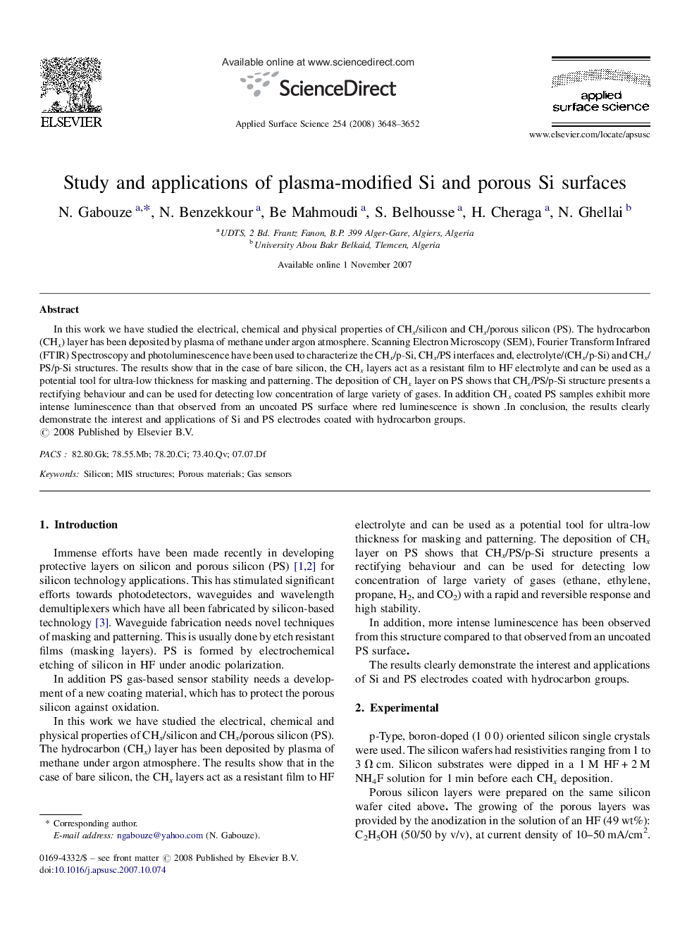 Study and applications of plasma-modified Si and porous Si surfaces