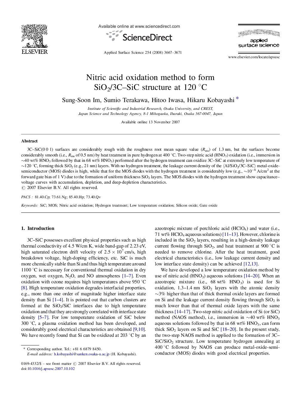 Nitric acid oxidation method to form SiO2/3C-SiC structure at 120Â Â°C