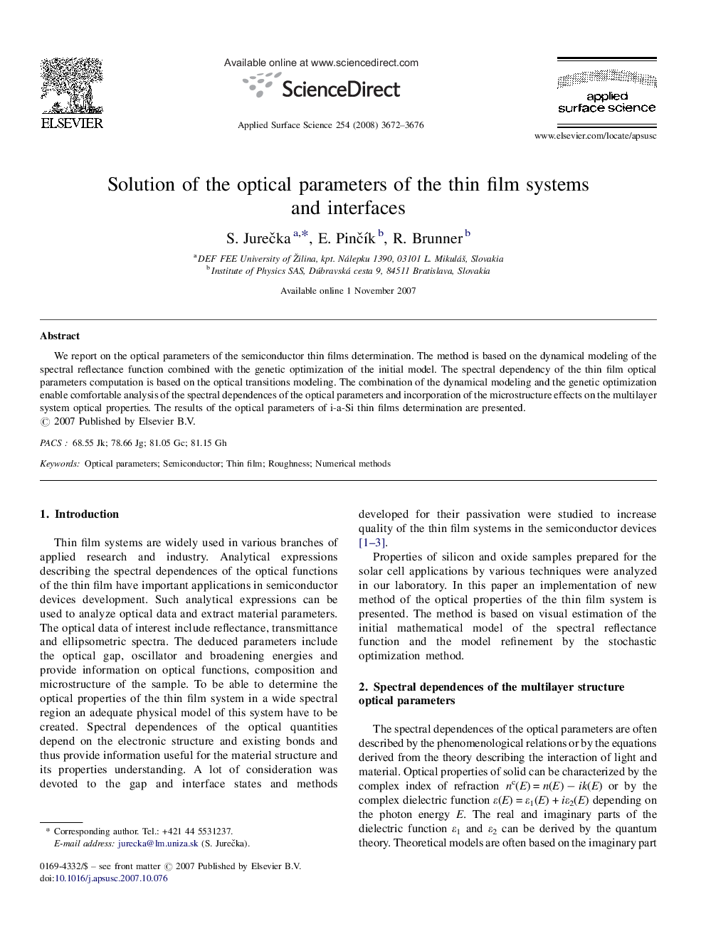 Solution of the optical parameters of the thin film systems and interfaces