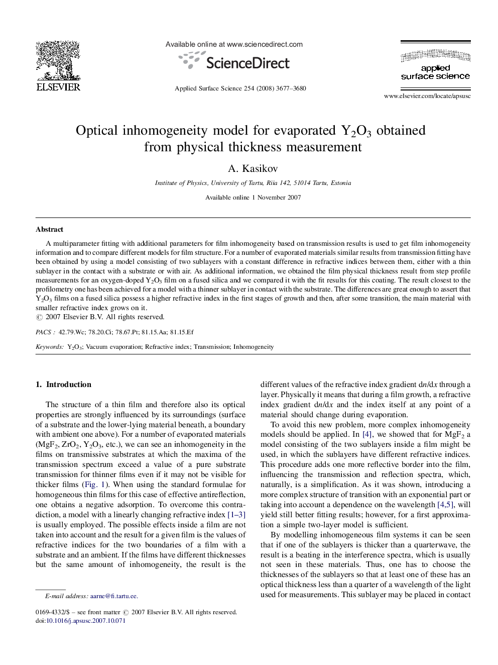 Optical inhomogeneity model for evaporated Y2O3 obtained from physical thickness measurement