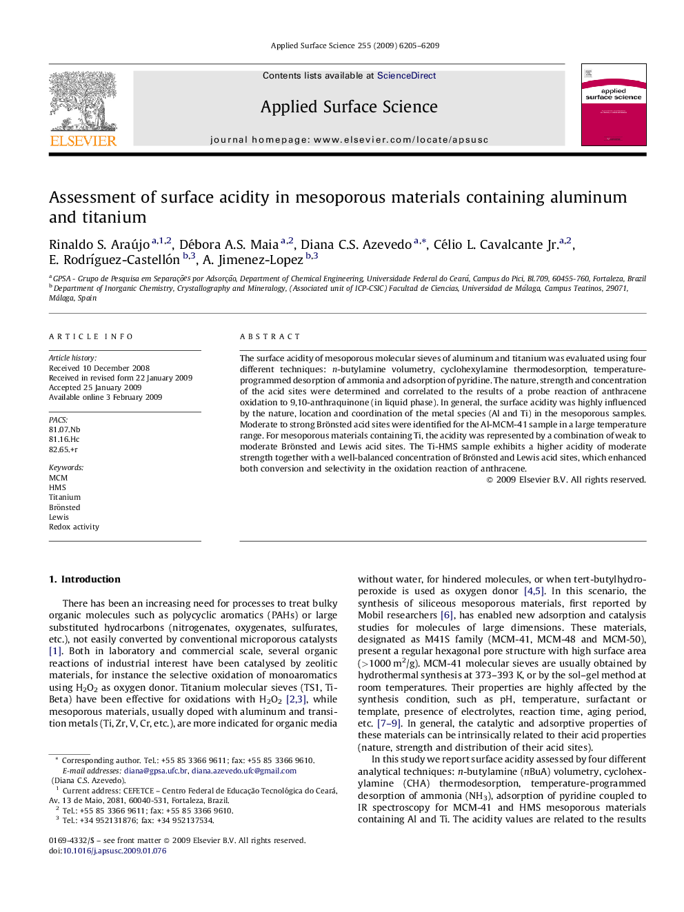 Assessment of surface acidity in mesoporous materials containing aluminum and titanium