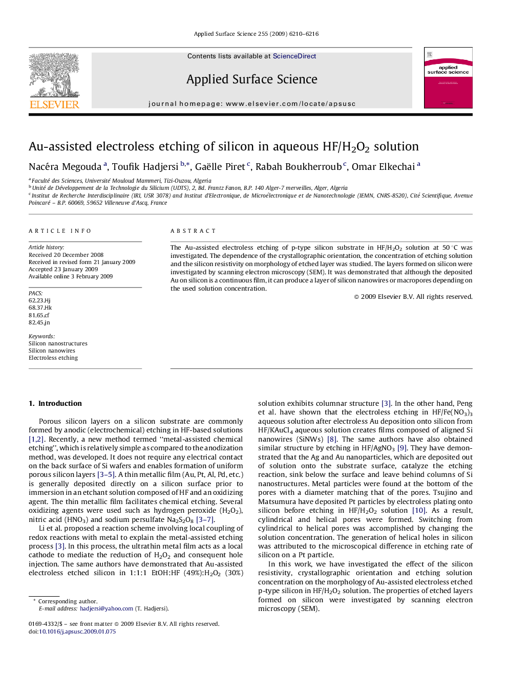 Au-assisted electroless etching of silicon in aqueous HF/H2O2 solution