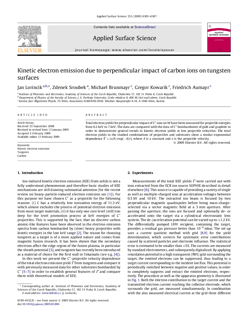 Kinetic electron emission due to perpendicular impact of carbon ions on tungsten surfaces