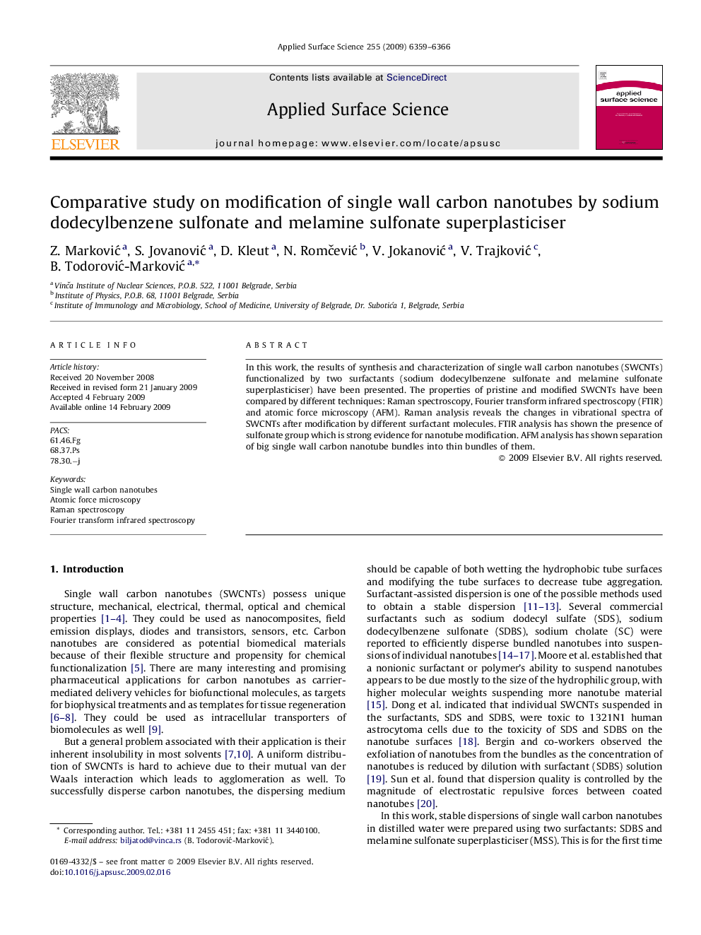 Comparative study on modification of single wall carbon nanotubes by sodium dodecylbenzene sulfonate and melamine sulfonate superplasticiser