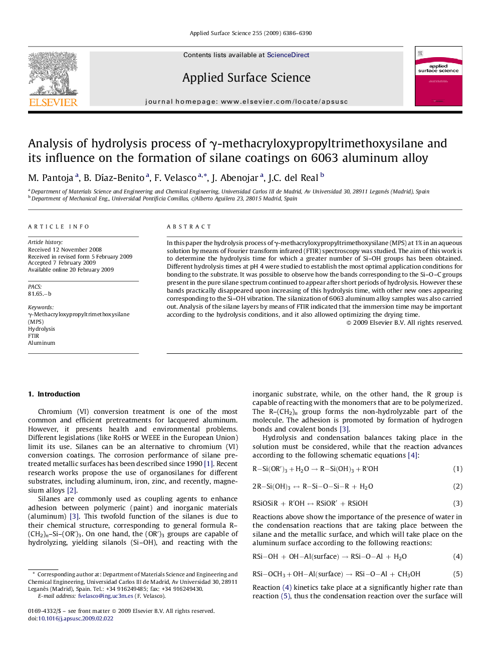 عکس صفحه اول مقاله: Analysis of hydrolysis process of γ-methacryloxypropyltrimethoxysilane and its influence on the formation of silane coatings on 6063 aluminum alloy Analysis of hydrolysis process of γ-methacryloxypropyltrimethoxysilane and its influence on the formation of silane coatings on 6063 aluminum alloy