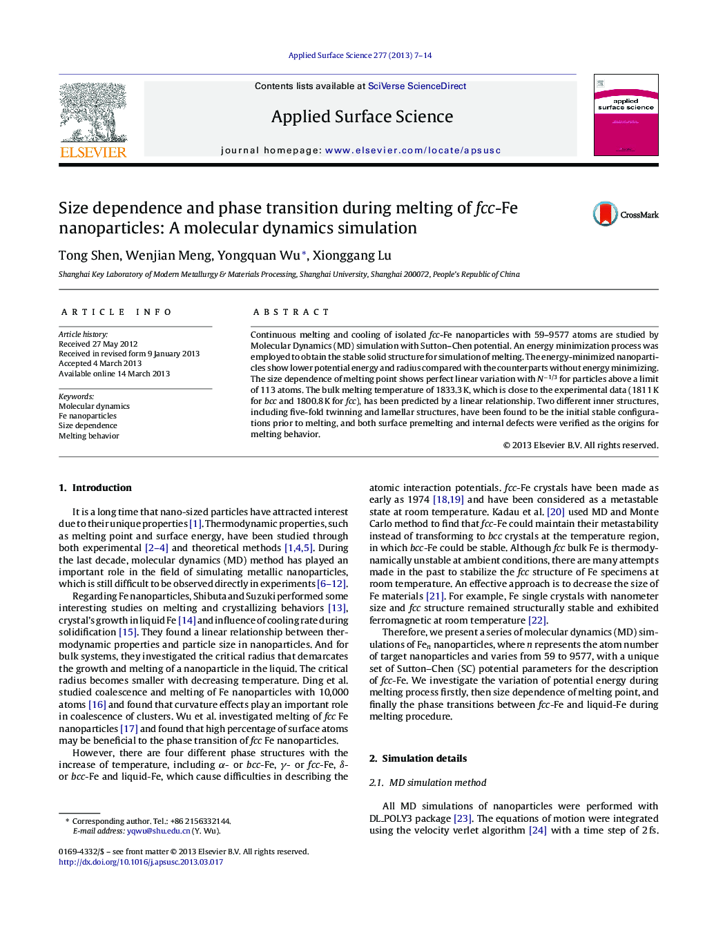 Size dependence and phase transition during melting of fcc-Fe nanoparticles: A molecular dynamics simulation