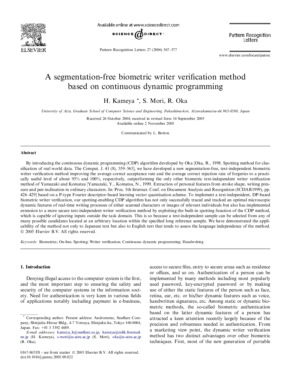 A segmentation-free biometric writer verification method based on continuous dynamic programming