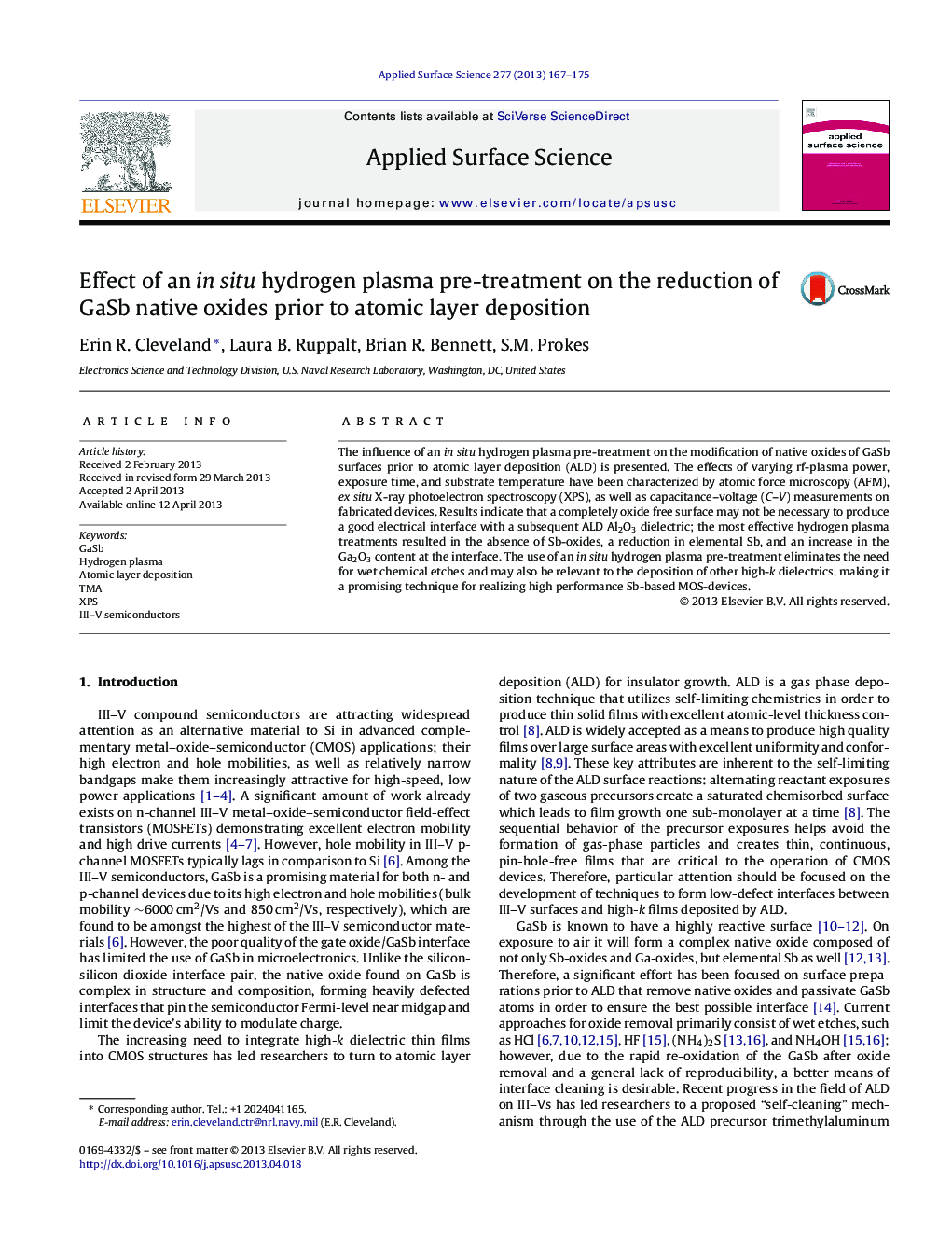 Effect of an in situ hydrogen plasma pre-treatment on the reduction of GaSb native oxides prior to atomic layer deposition