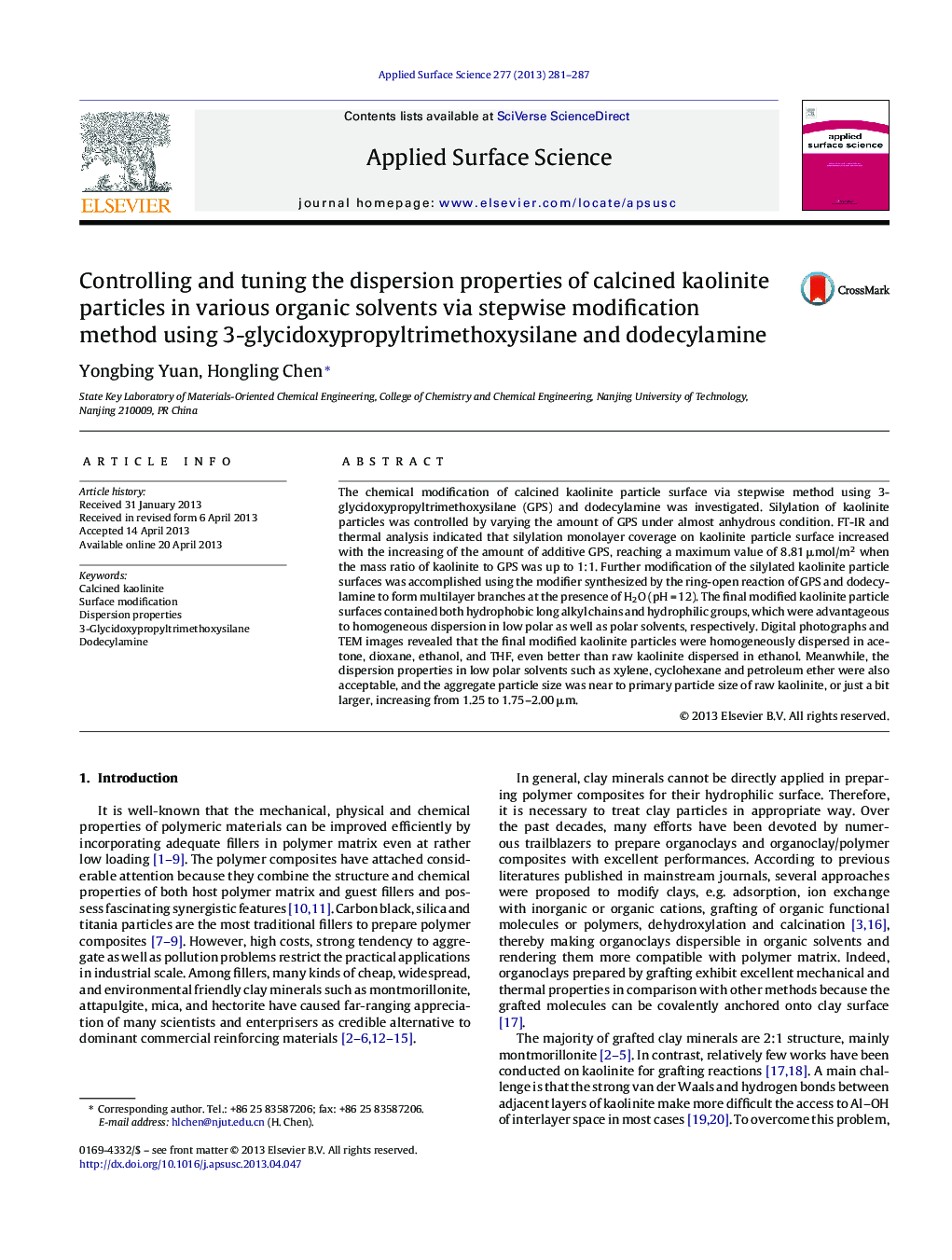 Controlling and tuning the dispersion properties of calcined kaolinite particles in various organic solvents via stepwise modification method using 3-glycidoxypropyltrimethoxysilane and dodecylamine