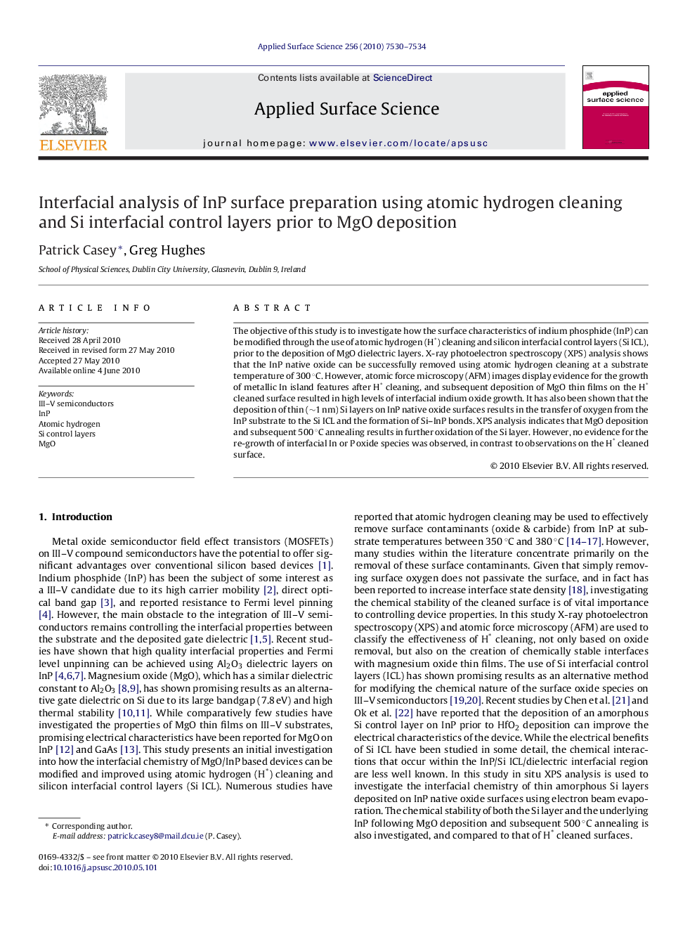 Interfacial analysis of InP surface preparation using atomic hydrogen cleaning and Si interfacial control layers prior to MgO deposition