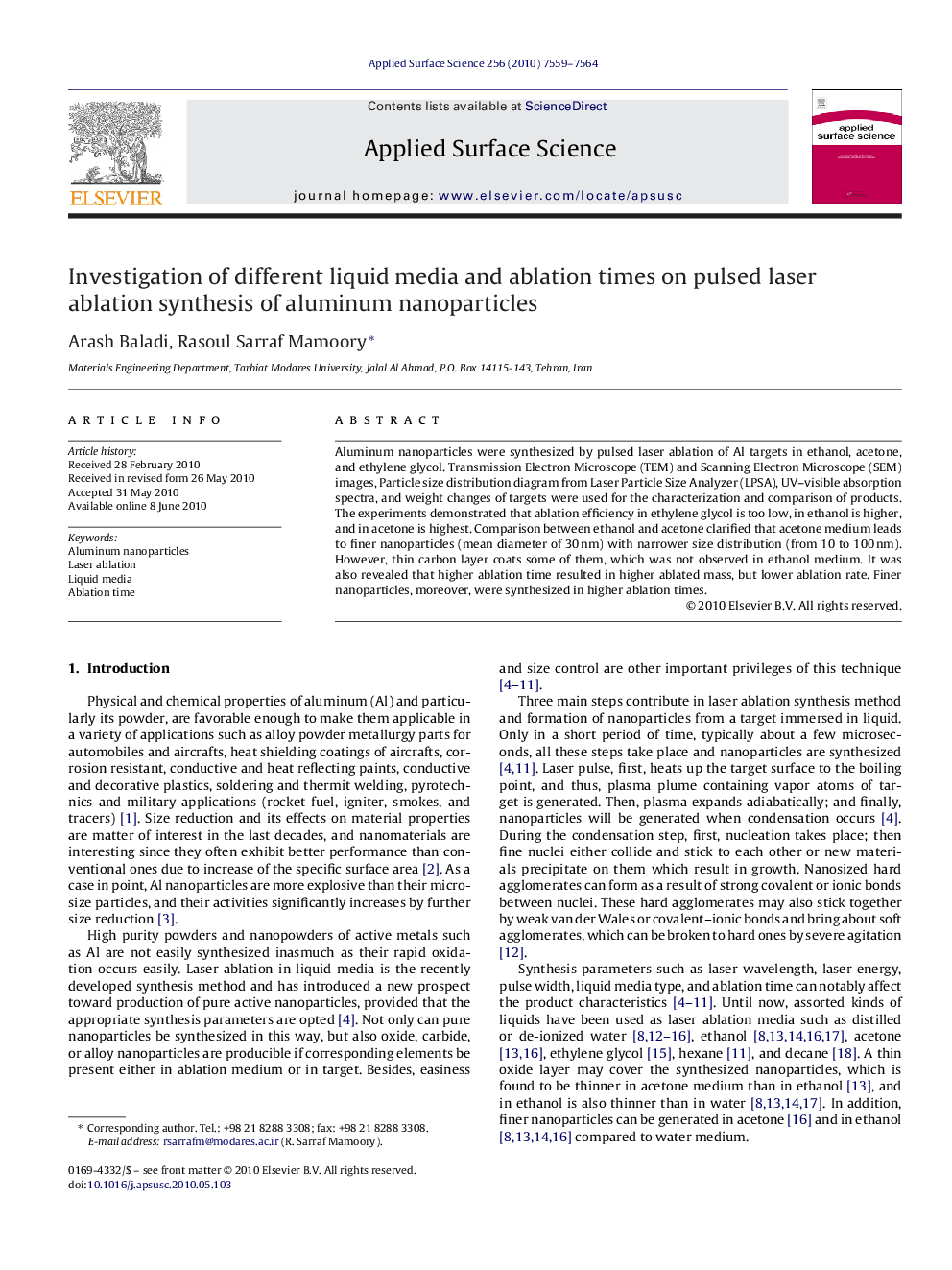 Investigation of different liquid media and ablation times on pulsed laser ablation synthesis of aluminum nanoparticles