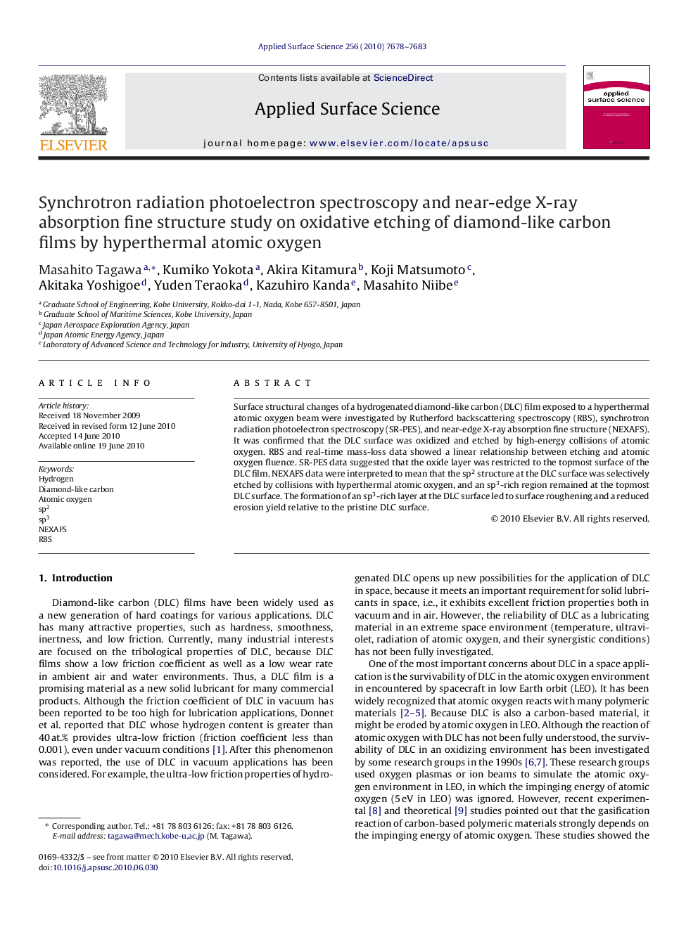 Synchrotron radiation photoelectron spectroscopy and near-edge X-ray absorption fine structure study on oxidative etching of diamond-like carbon films by hyperthermal atomic oxygen