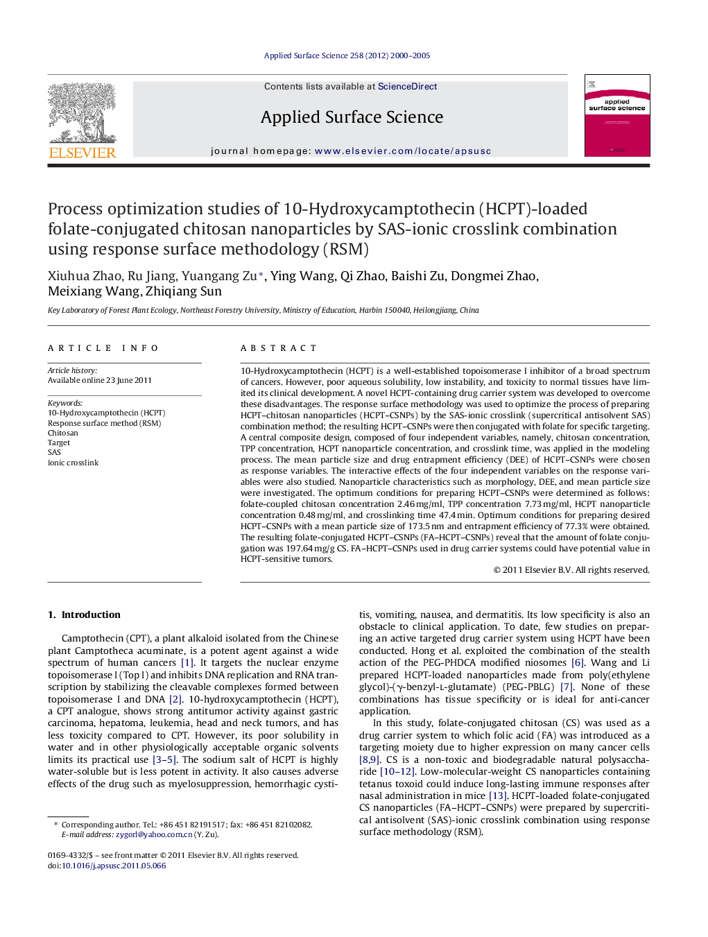 Process optimization studies of 10-Hydroxycamptothecin (HCPT)-loaded folate-conjugated chitosan nanoparticles by SAS-ionic crosslink combination using response surface methodology (RSM)