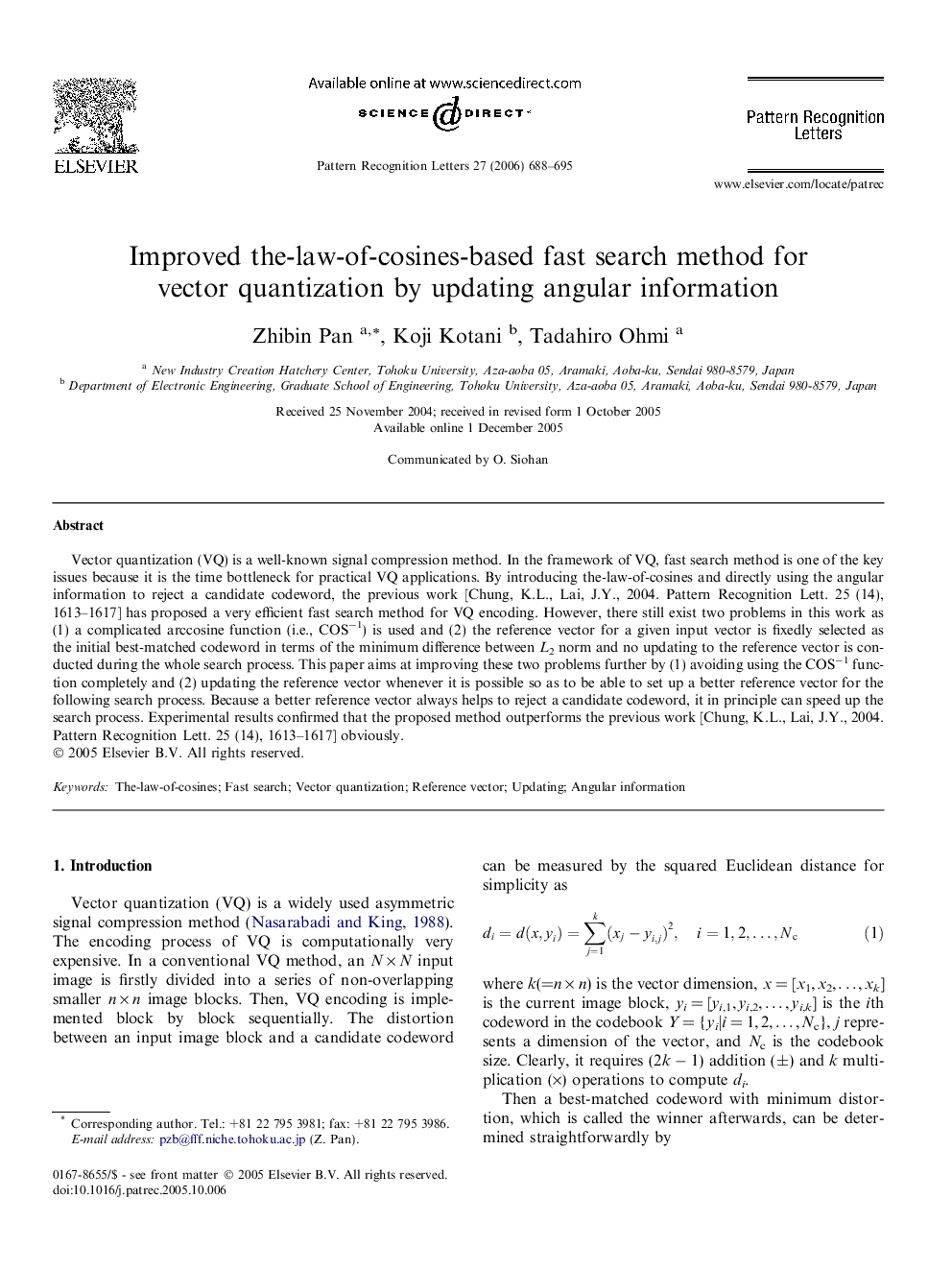 Improved the-law-of-cosines-based fast search method for vector quantization by updating angular information