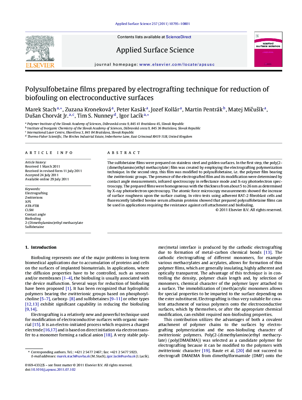 Polysulfobetaine films prepared by electrografting technique for reduction of biofouling on electroconductive surfaces