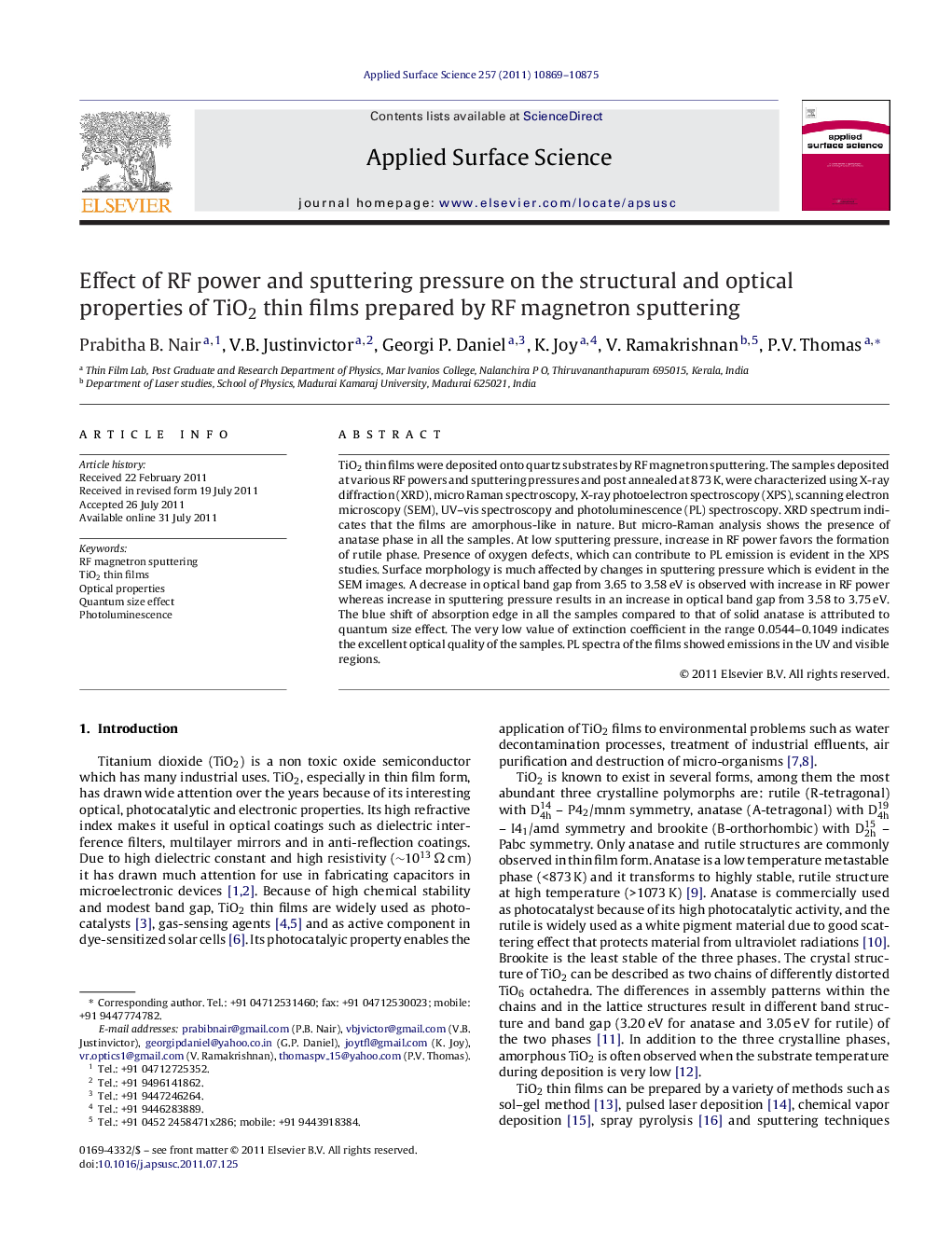 Effect of RF power and sputtering pressure on the structural and optical properties of TiO2 thin films prepared by RF magnetron sputtering