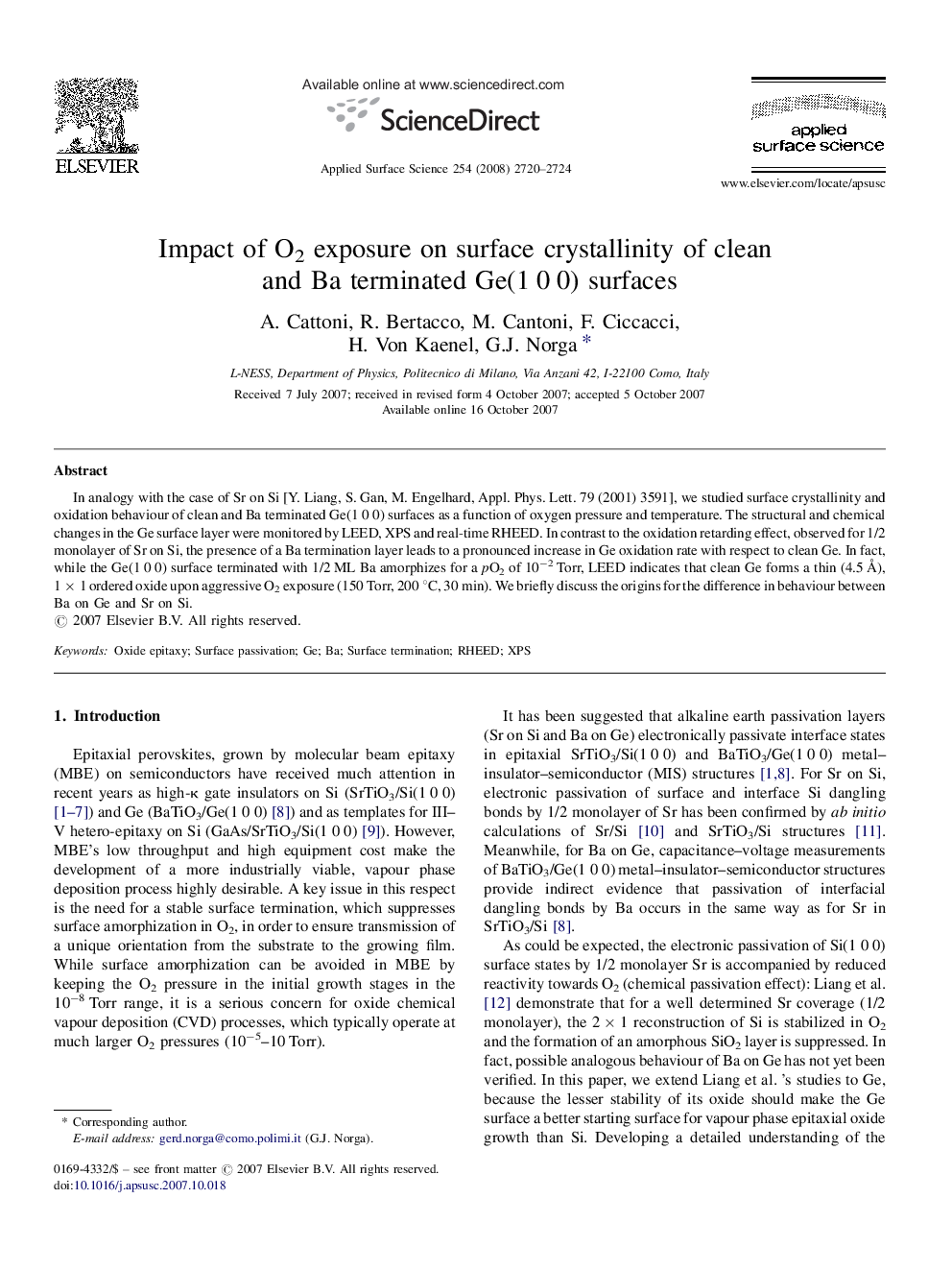 Impact of O2 exposure on surface crystallinity of clean and Ba terminated Ge(1 0 0) surfaces